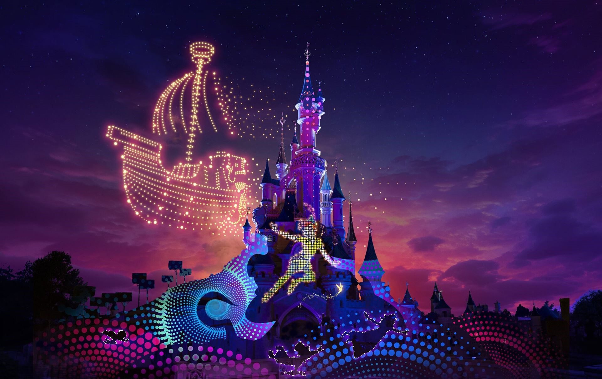  Disney Sky Parade: Espectáculo de drones y luces flotantes en Disneyland Paris 2025, magia nocturna en el cielo