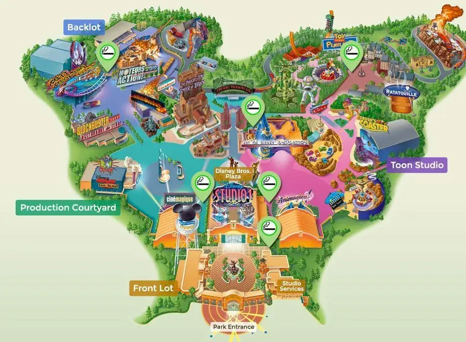 Mapa de zonas habilitadas para fumadores en Disney Adventure World, Disneyland Paris