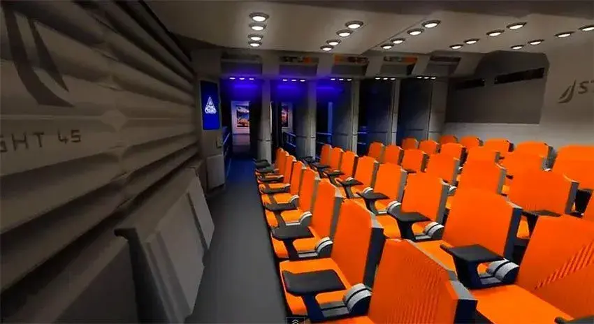 Butacas donde los visitantes disfrutan de la experiencia inmersiva en la atracción Star Tours