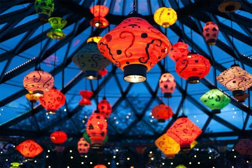 Decoración temática iluminada de la atracción Tazas Locas por la noche, creando una atmósfera mágica.