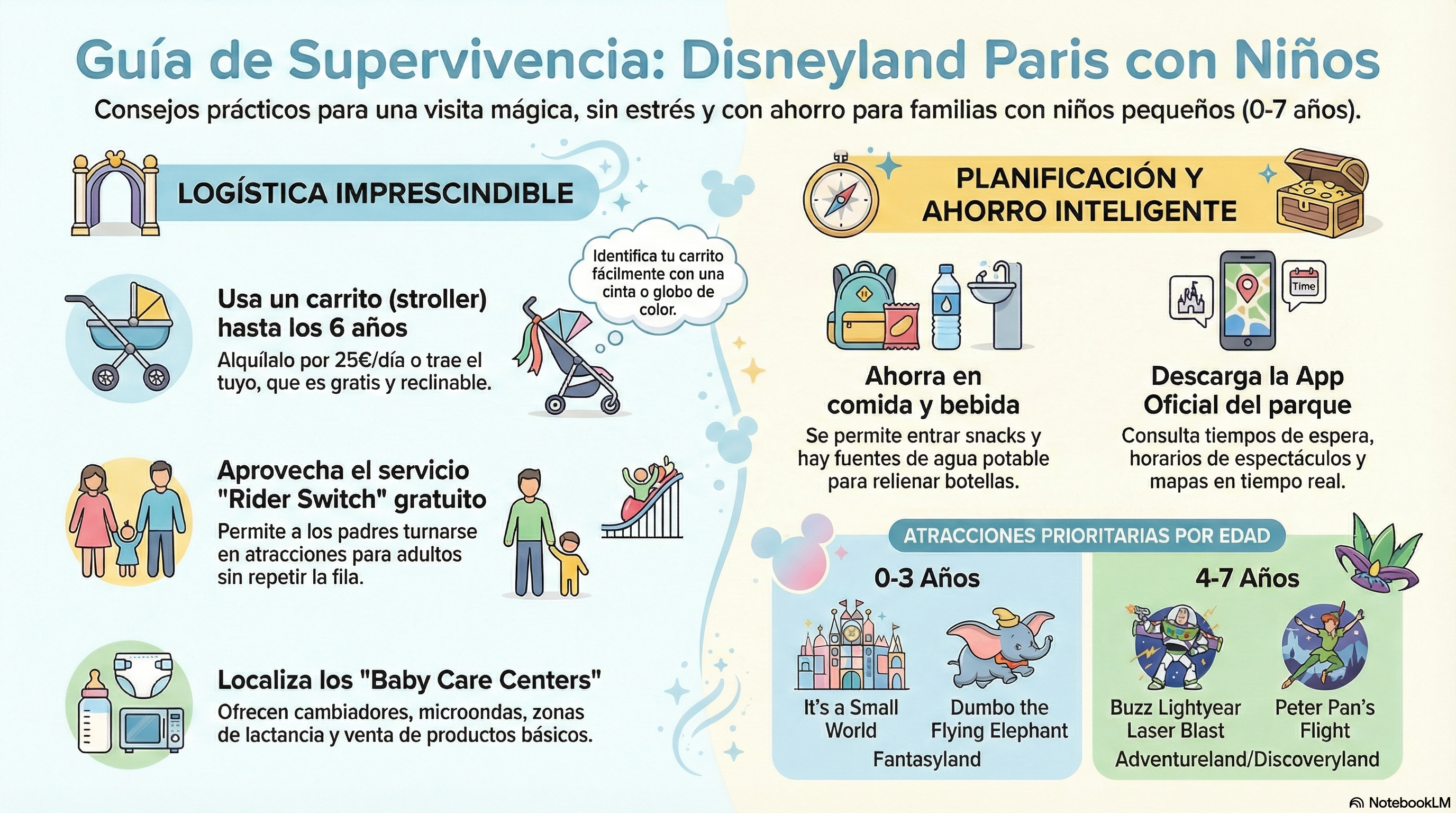 Infografía Disneyland Paris con niños: Carritos, Rider Switch y consejos para padres 2026