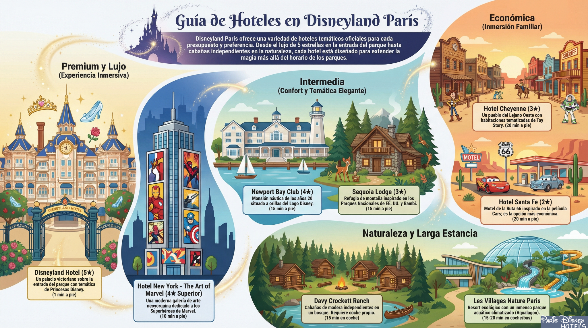 Infografía comparativa de hoteles Disneyland París 2026: Precios, distancias y servicios